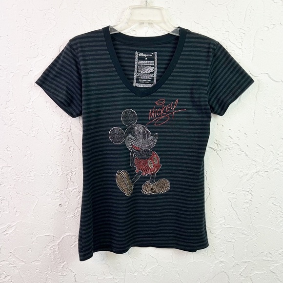 Disney Mickey Mouse Rhinestone Black Striped V-neck Short Sleeve T-shirt Medium - Picture 1 of 6